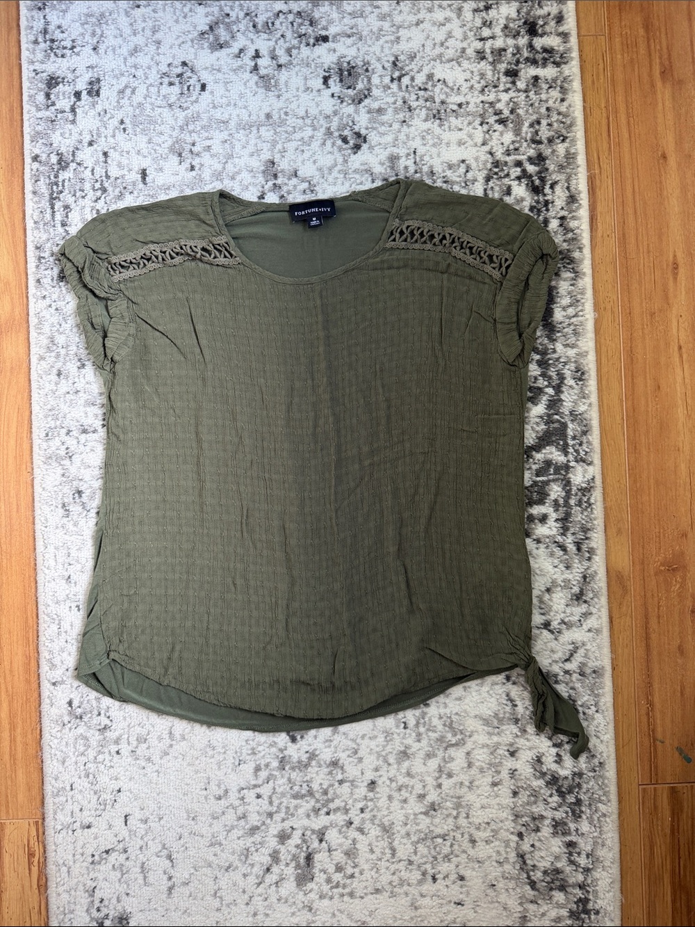 Worthington Olive Short-Sleeve Knit Top with Crochet Yoke